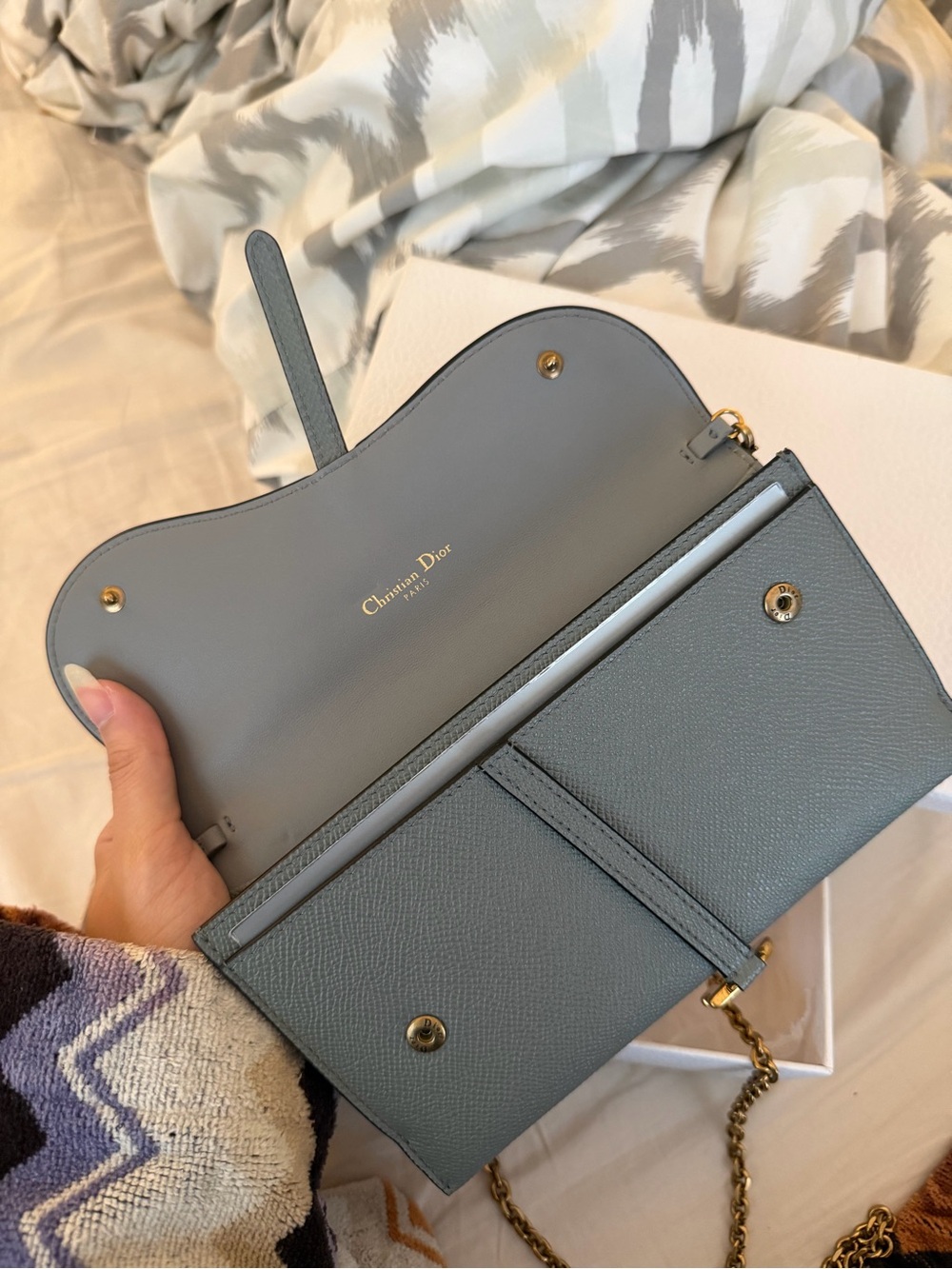 New Dior Gray Blue Leather Saddle Wallet on Chain - Gold Hardware - Picture 3 of 6